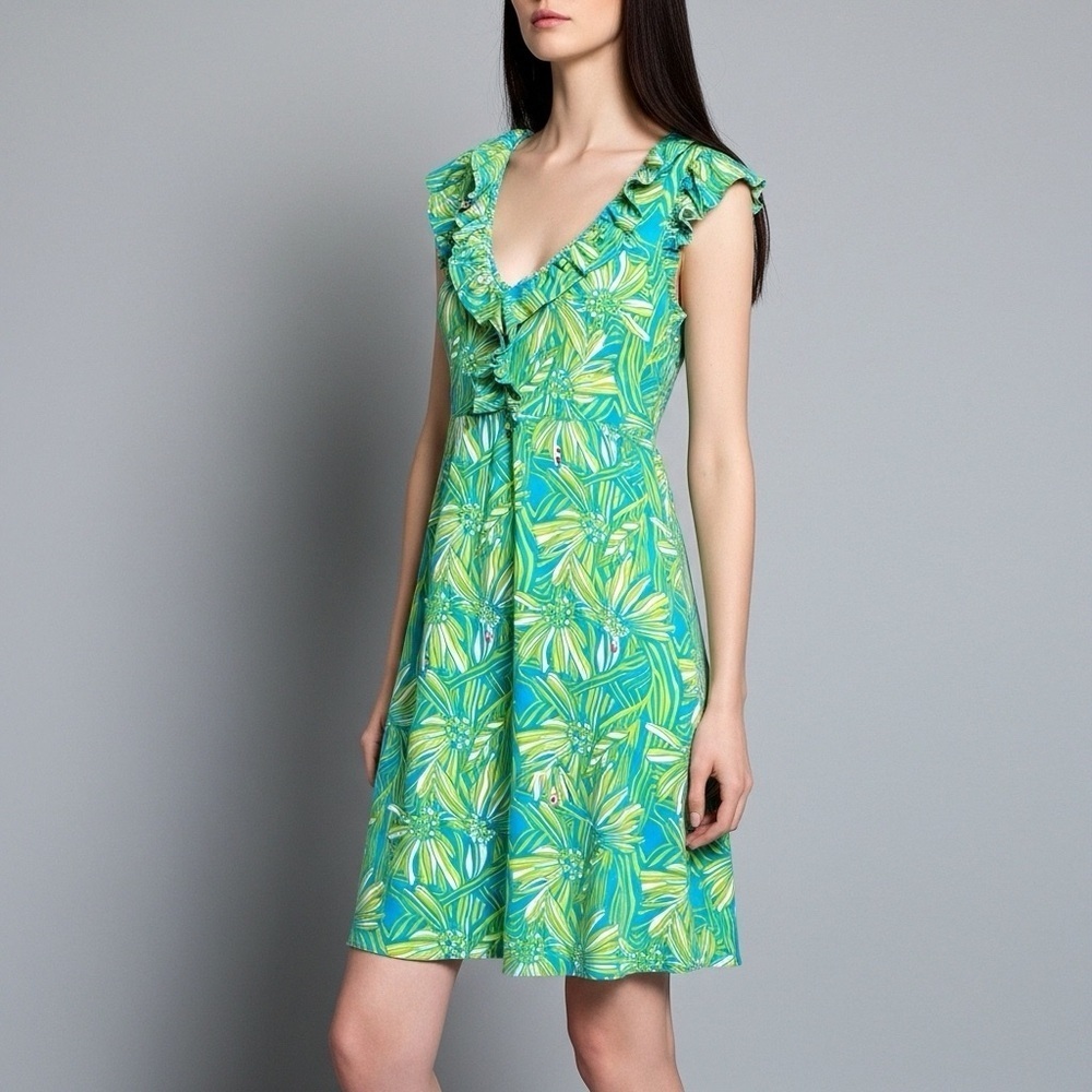 Lilly Pulitzer Vibrant Blue Green Tropical Silk Blend Mini Dress Size S
